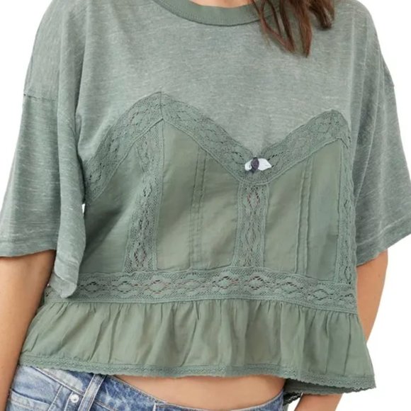 Free People Tops - NWT Free People - Fall in Love Lace Inset T-Shirt.Color - Washed Army, Size - XL
